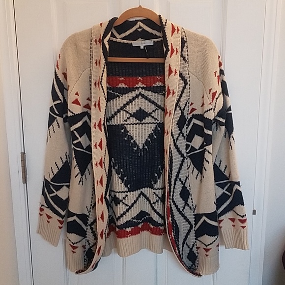 Fate Sweaters - Fate Cream Aztec Print Open Cardigan Medium